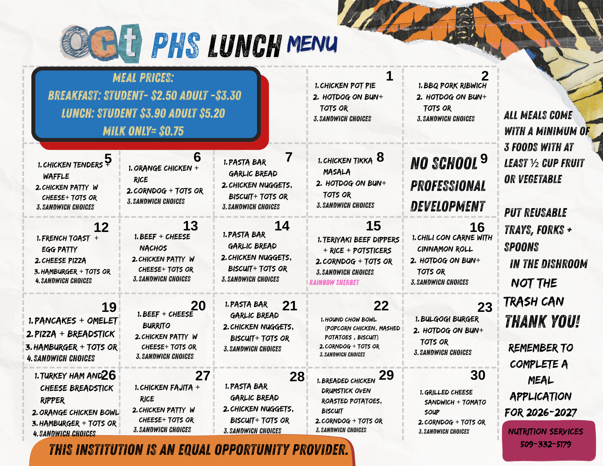 OCT PHS LUNCH MENU" outlines daily meal options for October.